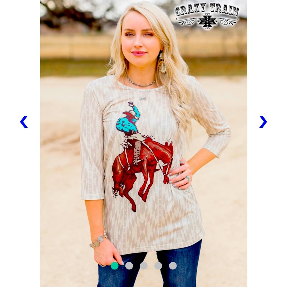 Crazy Train Beige Rodeo Print Long Sleeve Tee